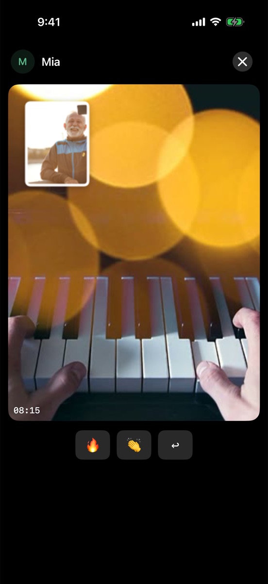 Mia's proof, piano keys, opened full screen with a reply row